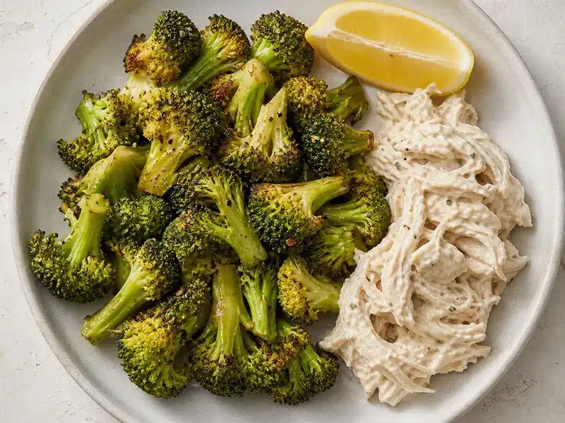 Lemon broccoli beside creamy shredded chicken - best crack chicken side | EpicureDelight