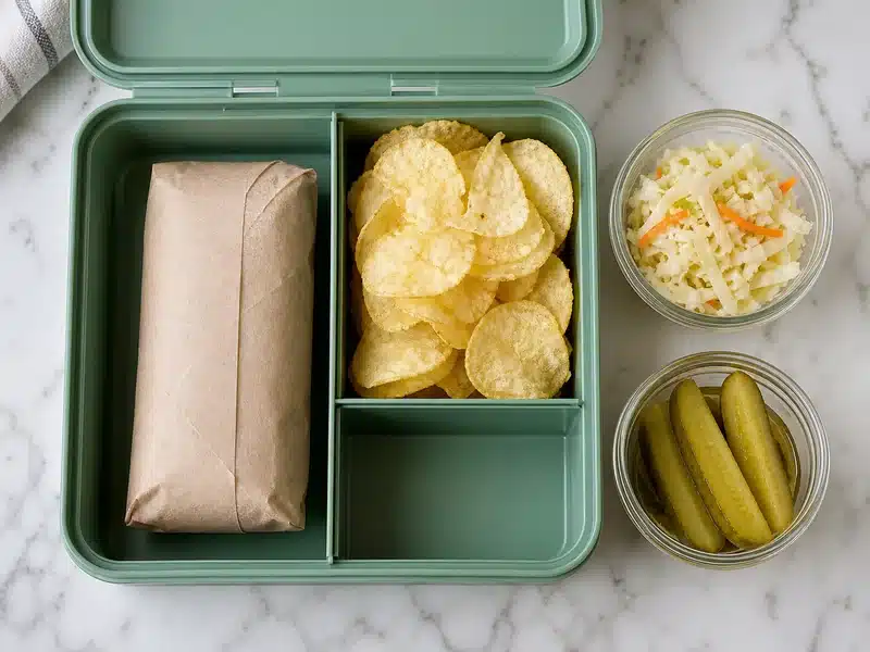 Wrapped deli sandwich packed apart from slaw pickles and chips - sandwich lunch | EpicureDelight