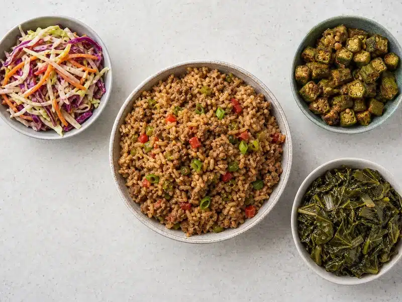 Tangy slaw, okra, and greens beside dirty rice - side dish balance | EpicureDelight