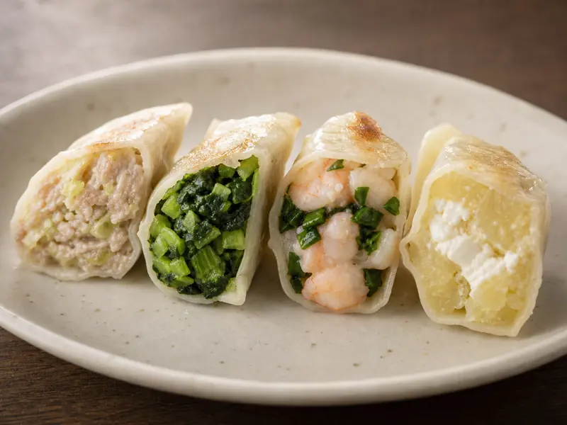 Dumplings cut open to show pork, vegetable, shrimp, and potato fillings | EpicureDelight