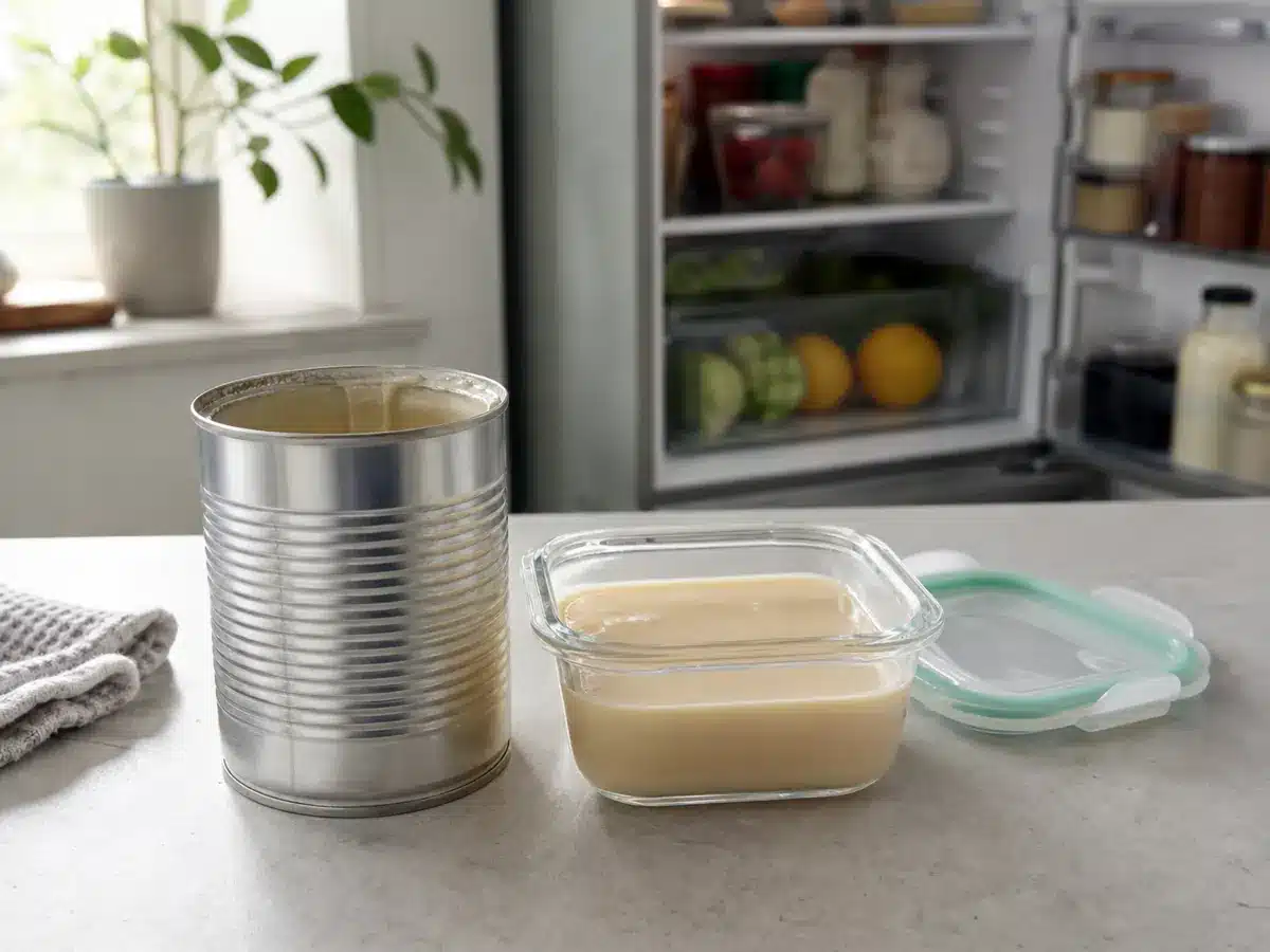 Evaporated milk transferred from an open can to a covered glass container - evaporated milk storage | EpicureDelight
