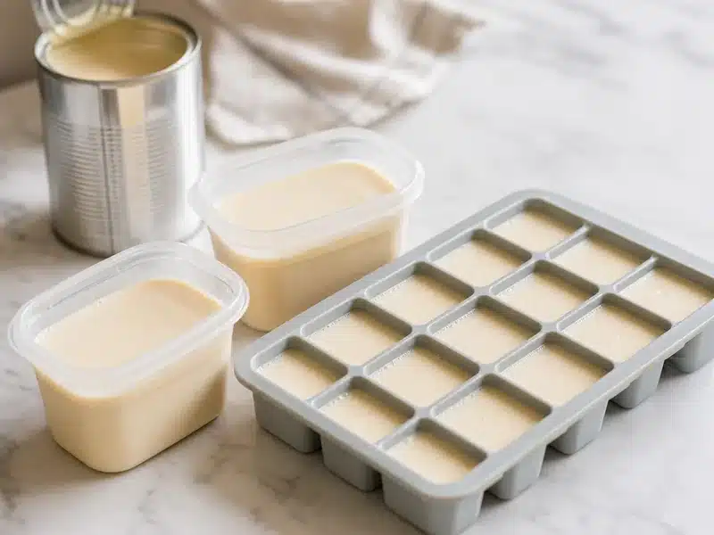 Portioned evaporated milk prepared in containers and an ice cube tray - frozen evaporated milk | EpicureDelight