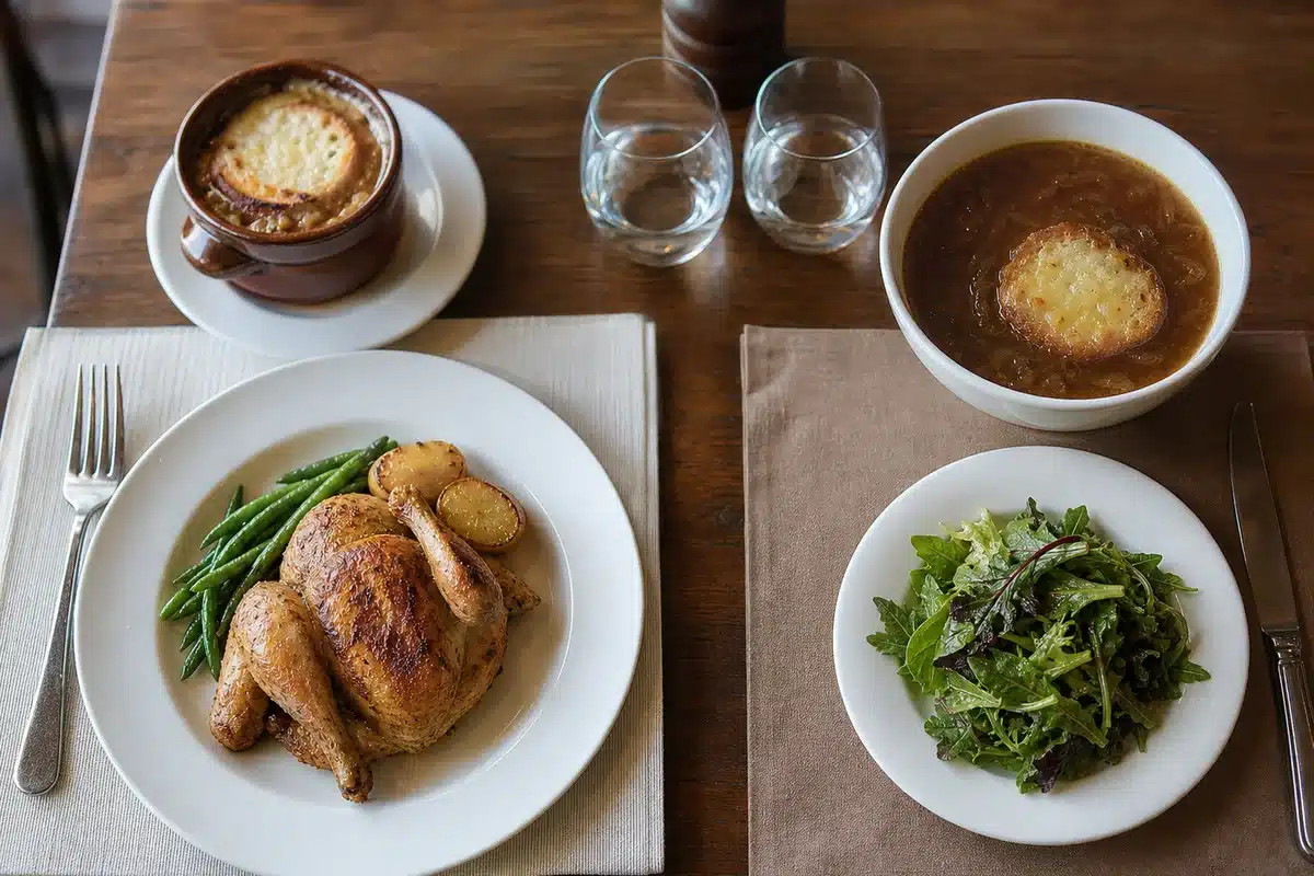 Starter and main-course French onion soup portions with different side pairings - soup menu planning | EpicureDelight