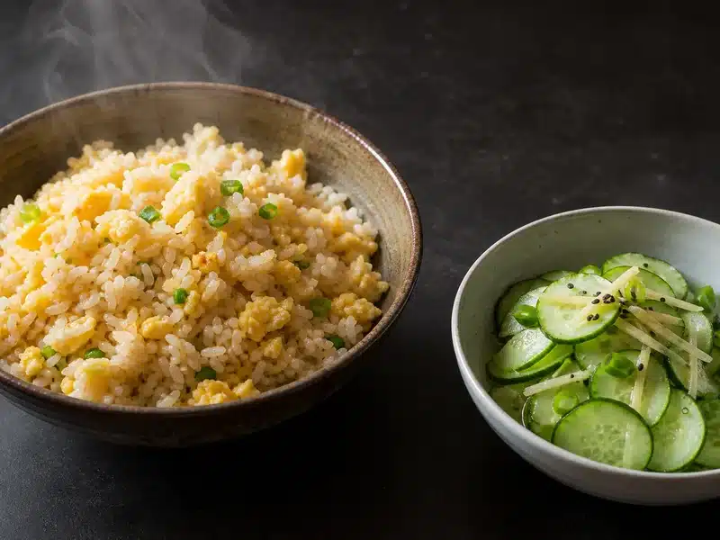Hot egg fried rice beside chilled ginger cucumber salad - fried rice pairing | EpicureDelight