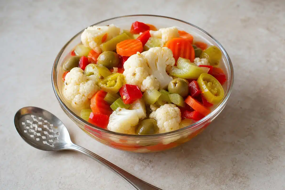 Italian giardiniera with cauliflower, carrots, celery, peppers, and olives | EpicureDelight