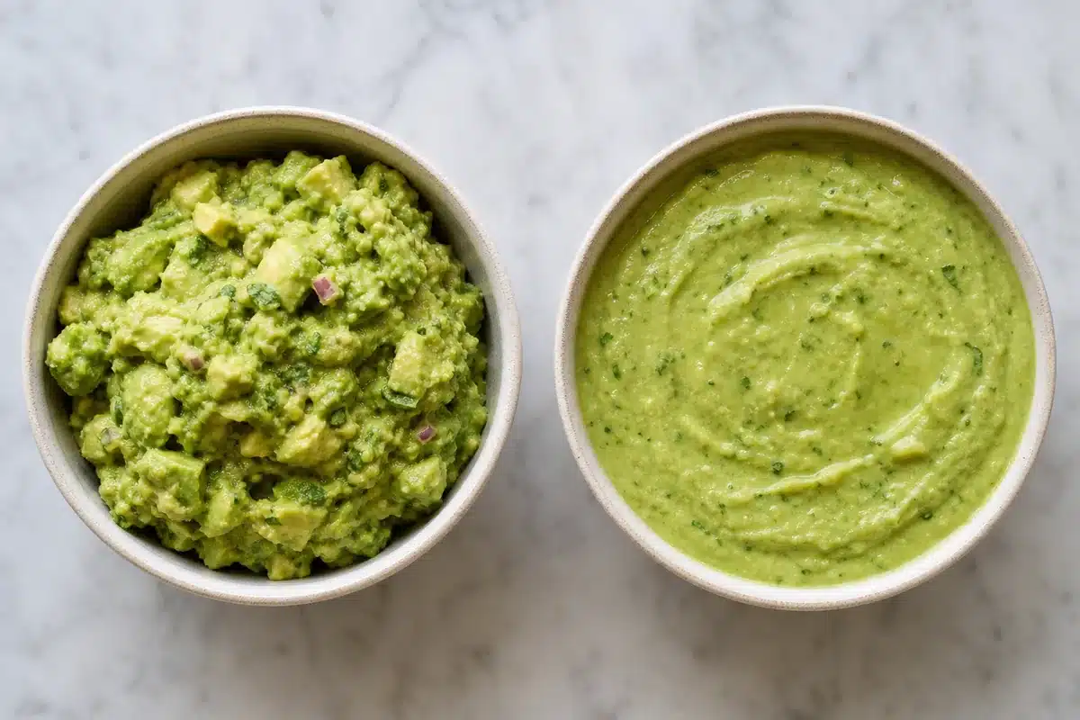 Chunky and smooth guacamole shown side by side - guacamole texture and flavor | EpicureDelight