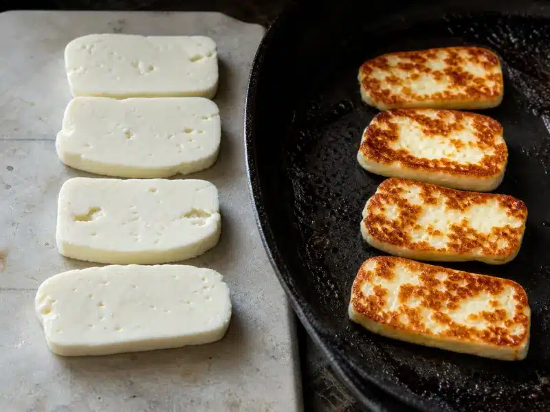 Raw and browned halloumi slices side by side | EpicureDelight