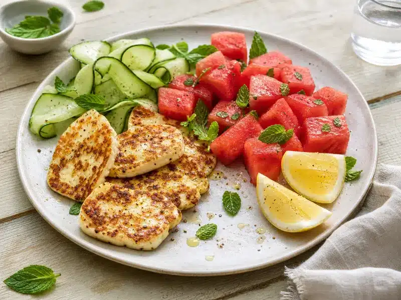 Halloumi with watermelon cucumber lemon and mint | EpicureDelight