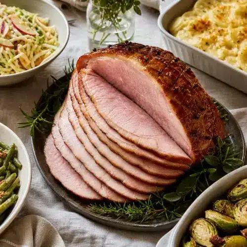 Glazed ham with green beans, scalloped potatoes, and cabbage salad | EpicureDelight