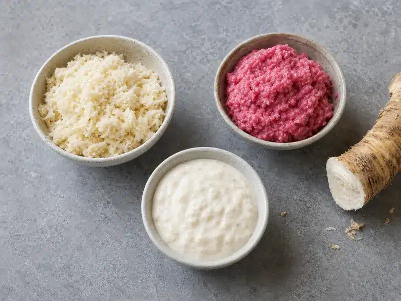 Prepared creamy and beet horseradish sauces in bowls | EpicureDelight