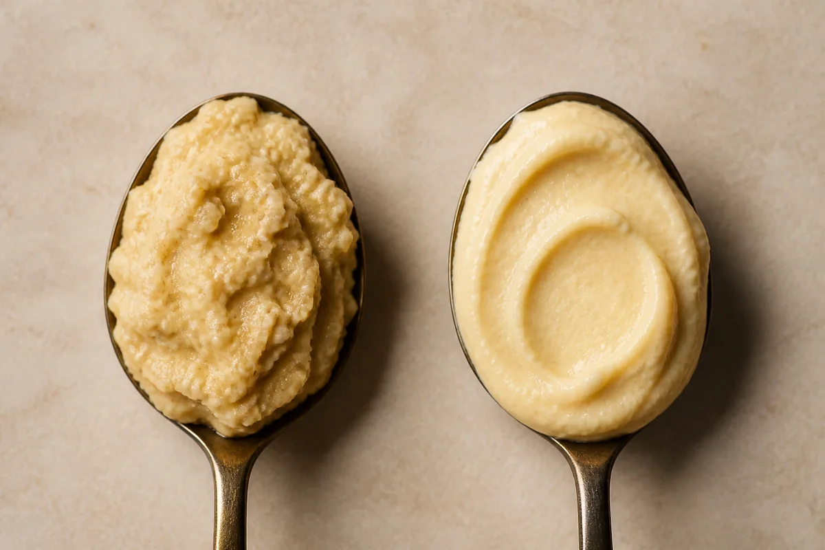 Grainy and smooth hummus compared on two spoons | EpicureDelight