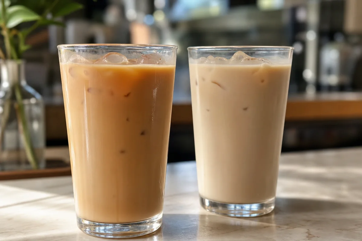 Tea-forward and milkier jasmine milk tea shown side by side - jasmine milk tea balance | EpicureDelight