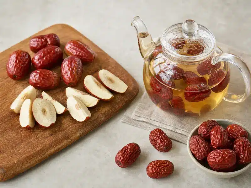 Fresh jujube wedges beside dried jujube tea | EpicureDelight