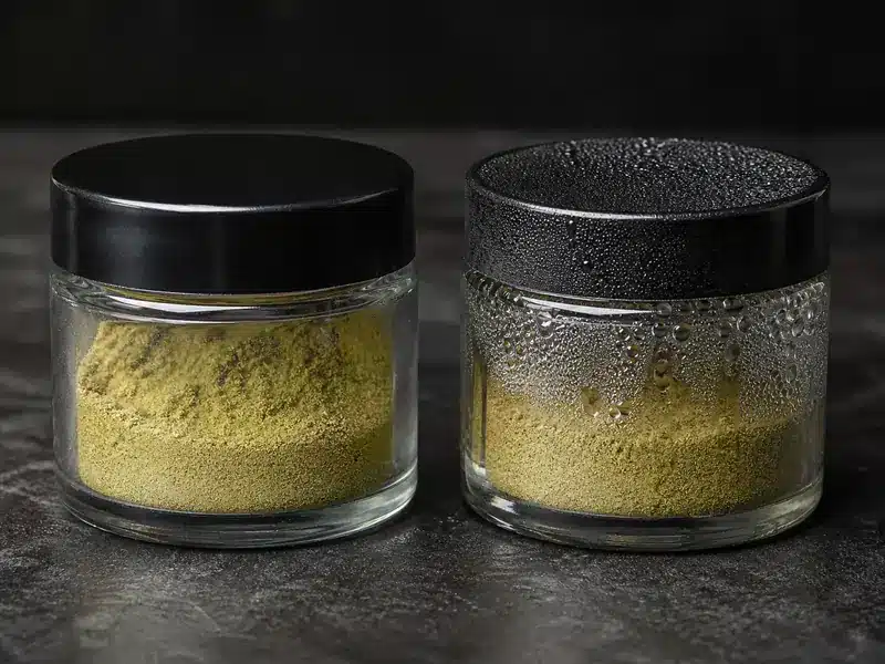Dry kief jar beside a jar with condensation | EpicureDelight