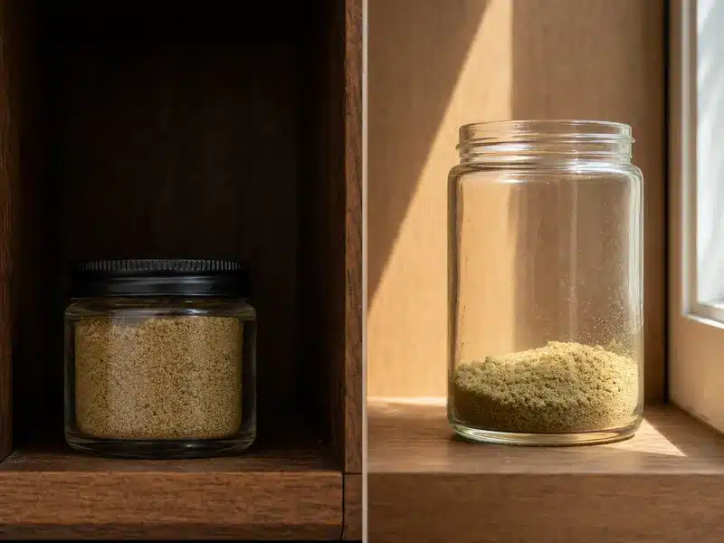 Sealed kief jar in a dark cabinet beside an open jar in bright light | EpicureDelight