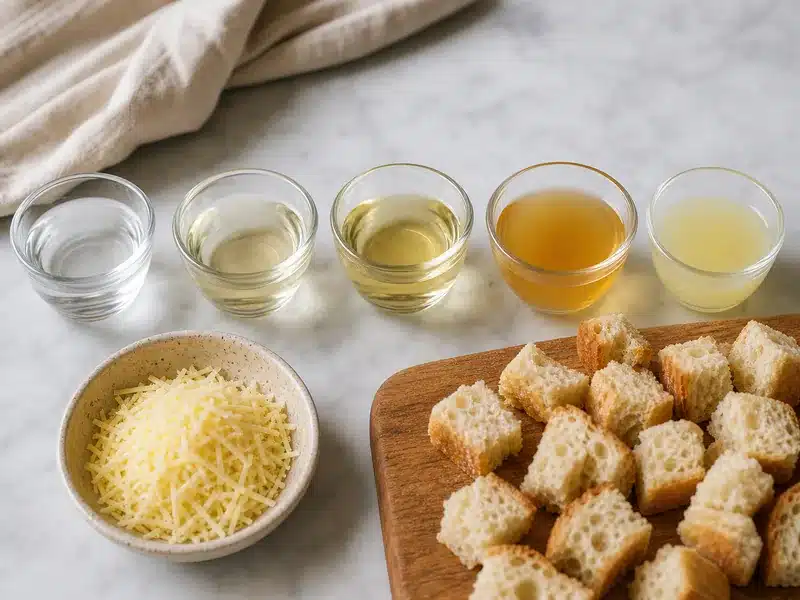 Cheese fondue and bread, apples, and bowls of kirsch substitutes