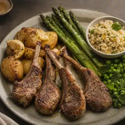 Lamb chops with potatoes, asparagus, peas, and couscous | EpicureDelight