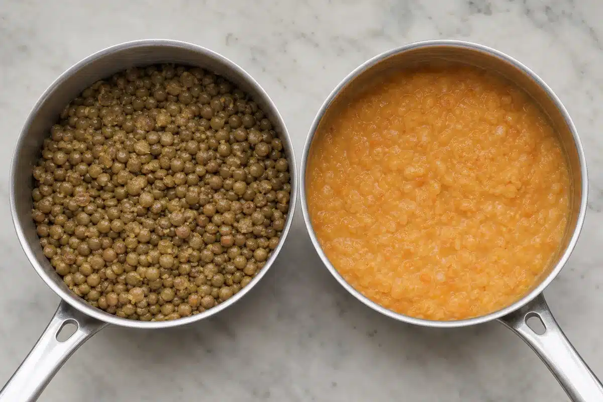 Whole green lentils and creamy red split lentils shown side by side - lentil texture | EpicureDelight