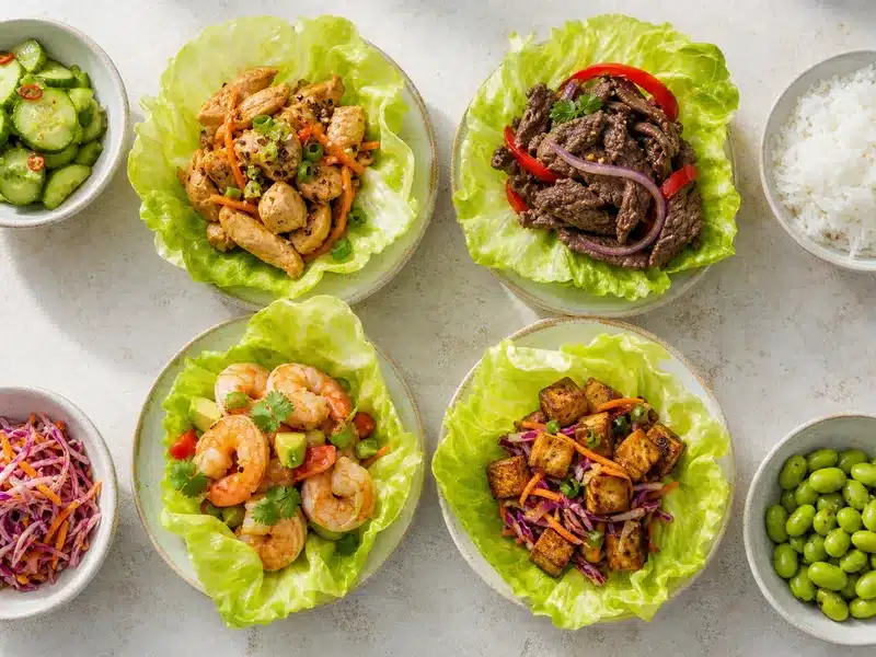 Chicken, beef, shrimp, and tofu lettuce wraps with matching sides - wrap fillings | EpicureDelight