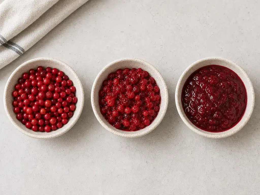 Raw, crushed, and cooked lingonberries in three bowls | EpicureDelight