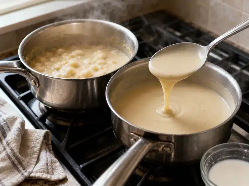 Lumpy and smooth gravy in two saucepans - flour-free sauce thickening | EpicureDelight