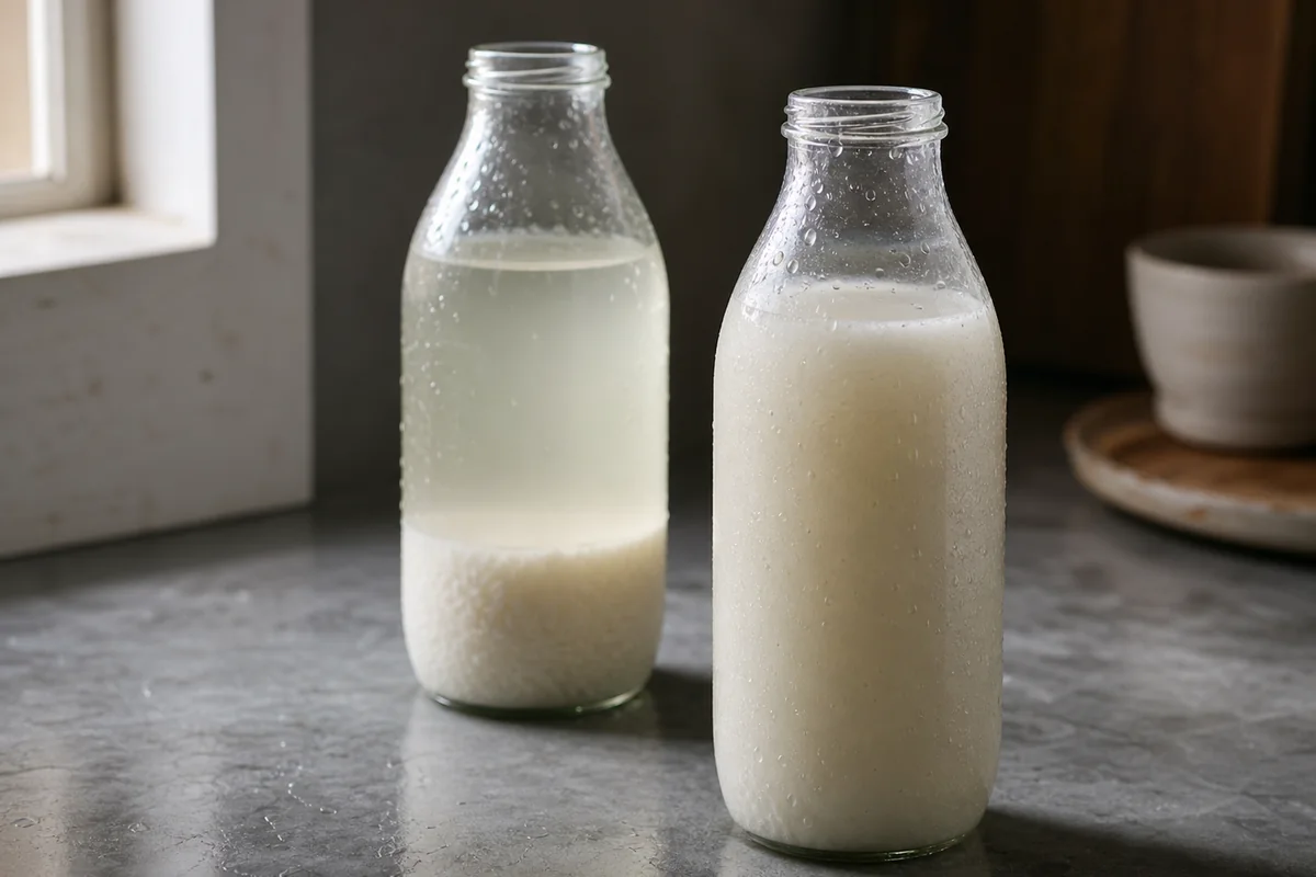 Settled and gently mixed makgeolli bottles showing rice sediment - makgeolli texture | EpicureDelight