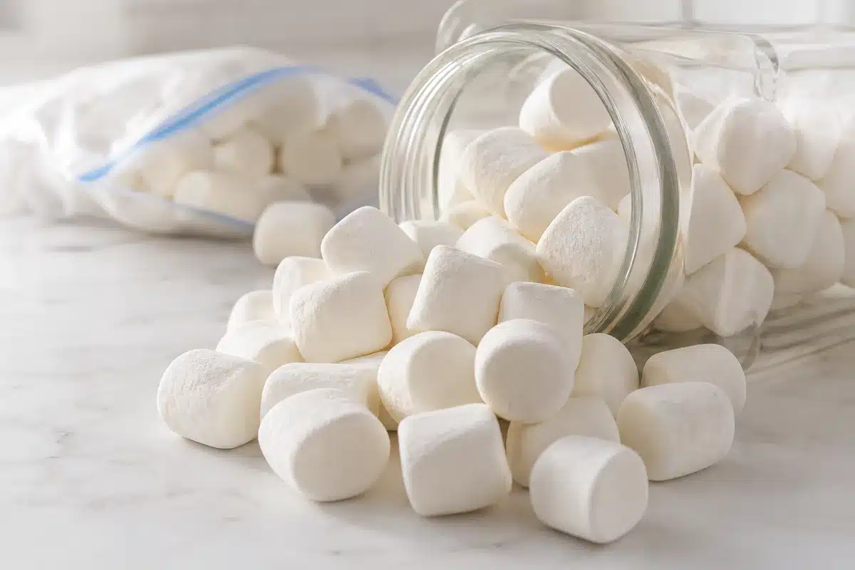 Fresh marshmallows beside a sealed storage jar | EpicureDelight