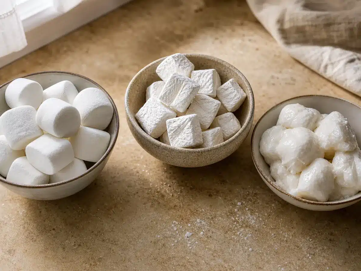 Fresh dry and sticky marshmallows compared in three bowls - marshmallow texture | EpicureDelight