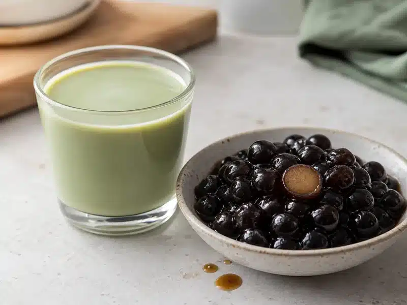 Chewy tapioca pearls beside creamy matcha milk tea - texture | EpicureDelight