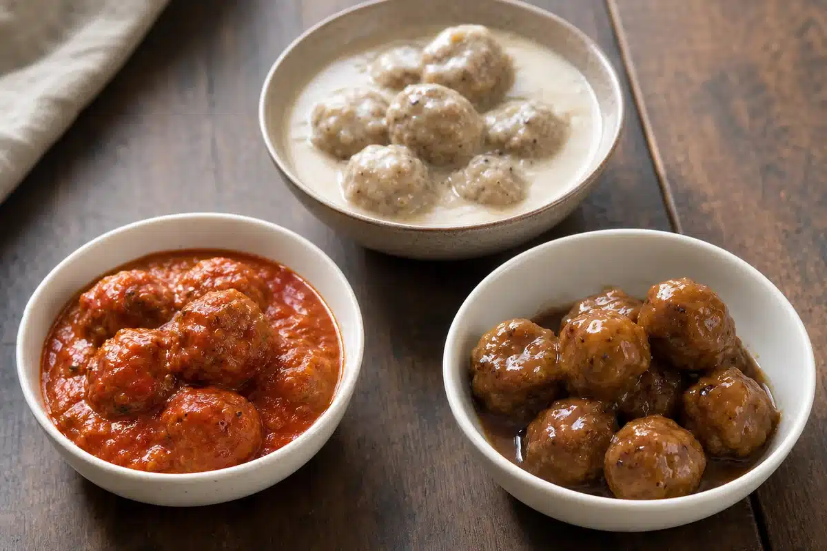 Tomato, cream, and glazed meatballs shown for side pairing choices - meatball sauces | EpicureDelight