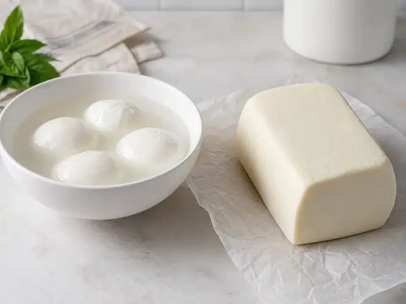 Fresh mozzarella in brine beside a low-moisture mozzarella block - mozzarella cheese | EpicureDelight