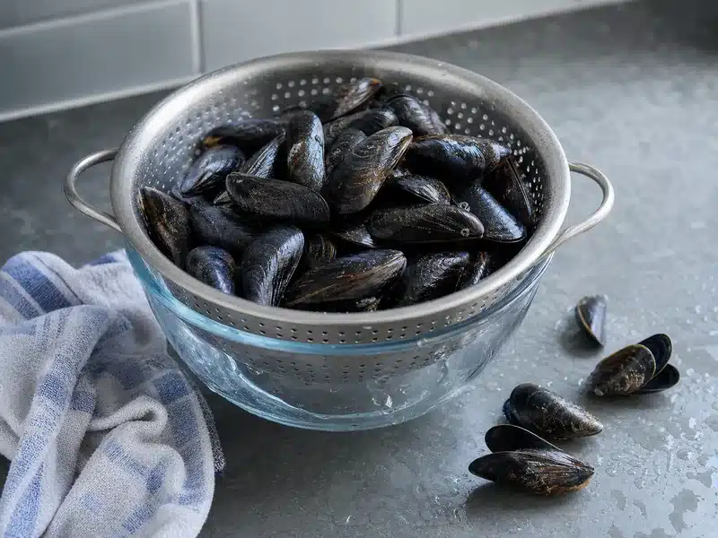 Steamed mussels and lemon, herbs, and bread