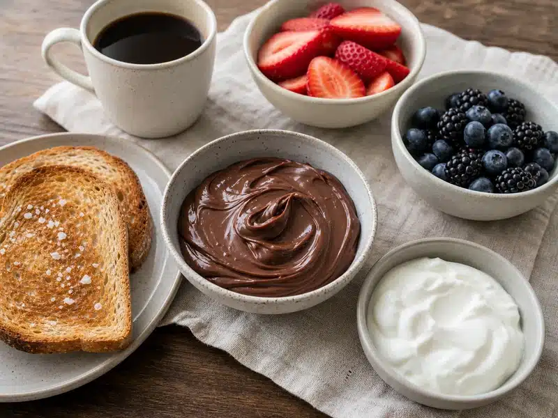 Coffee berries salted toast and yogurt around chocolate hazelnut spread - balanced Nutella pairings | EpicureDelight