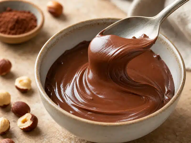 Glossy spoon lifting smooth chocolate hazelnut spread - Nutella texture | EpicureDelight