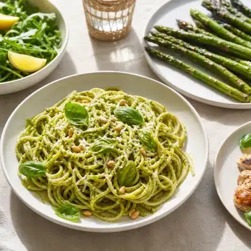 Pesto pasta with arugula salad, asparagus, and grilled chicken | EpicureDelight