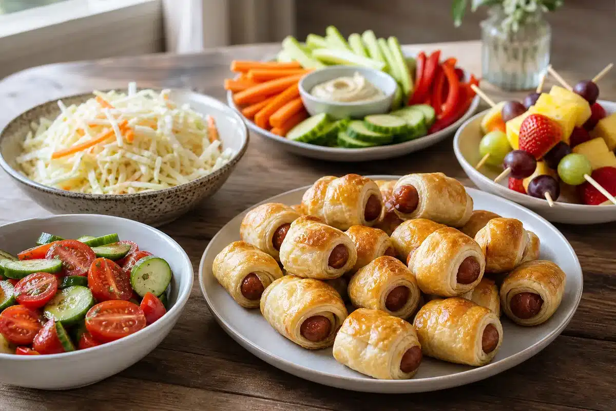 Pigs in a blanket with slaw, vegetables, and fruit skewers - party side dishes | EpicureDelight