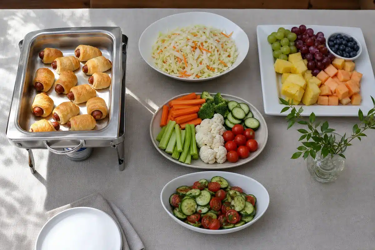 Hot pigs in a blanket separated from cold buffet sides - party serving setup | EpicureDelight