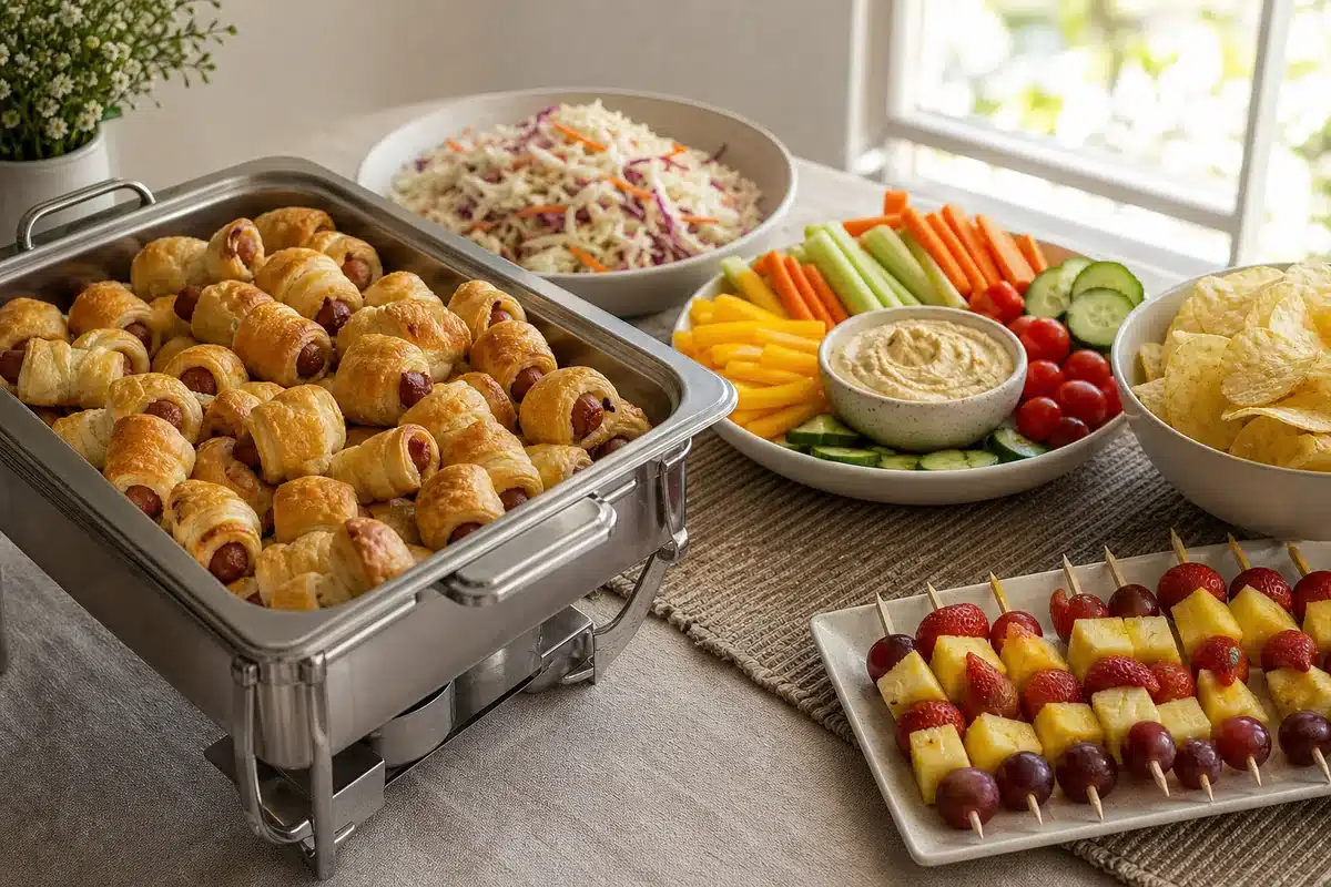 Party buffet with hot pigs in a blanket separated from cold sides - buffet layout | EpicureDelight