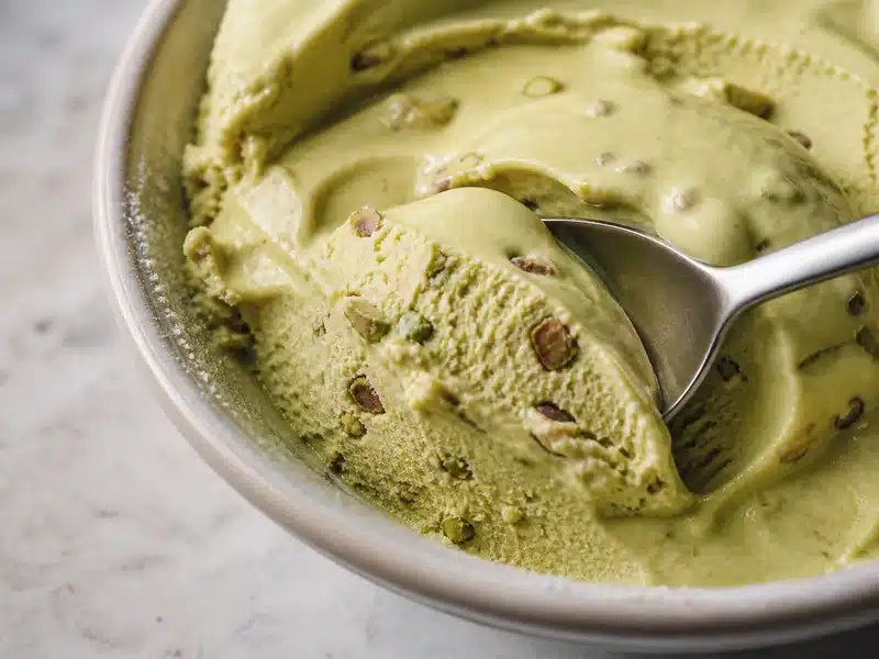 Spoon cutting into softened pistachio ice cream with nut pieces