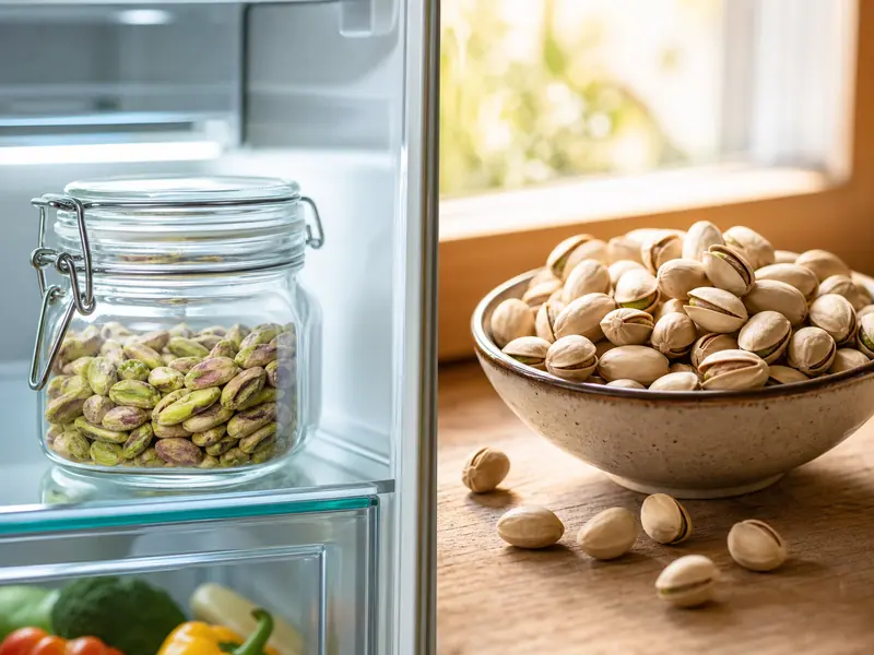 Pistachios in airtight cold storage beside an open warm bowl | EpicureDelight