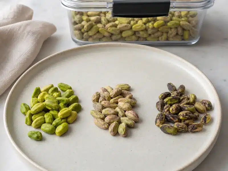Pistachios in an airtight jar and shelled and unshelled nuts