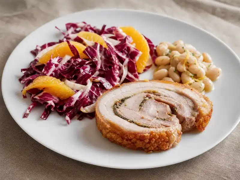 Porchetta slice with radicchio orange salad and white beans - balanced pork plate | EpicureDelight