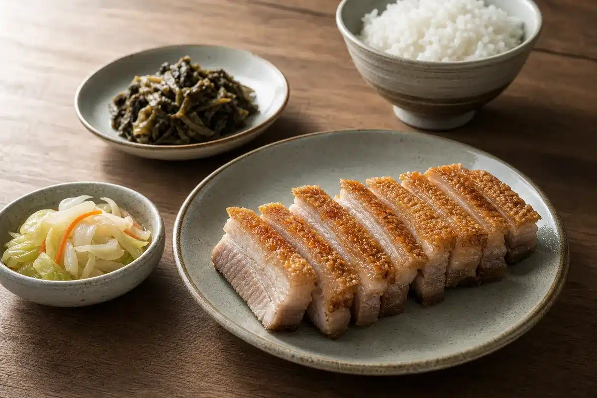 Crisp pork belly with vinegar cabbage, greens, and rice - side dishes | EpicureDelight