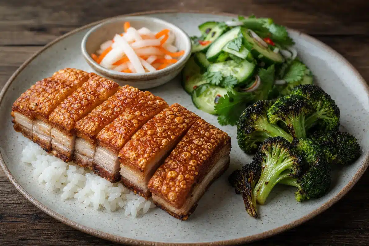Crispy pork belly with pickles, cucumber salad, broccoli, and rice - balanced plate | EpicureDelight