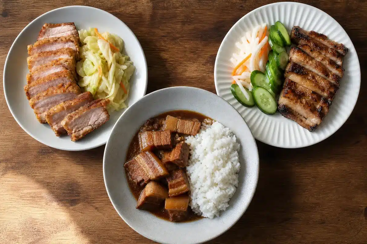 Crispy, braised, and grilled pork belly with matched sides - cooking styles | EpicureDelight