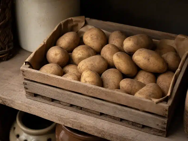 Whole potatoes stored in a dark ventilated crate - potatoes | EpicureDelight