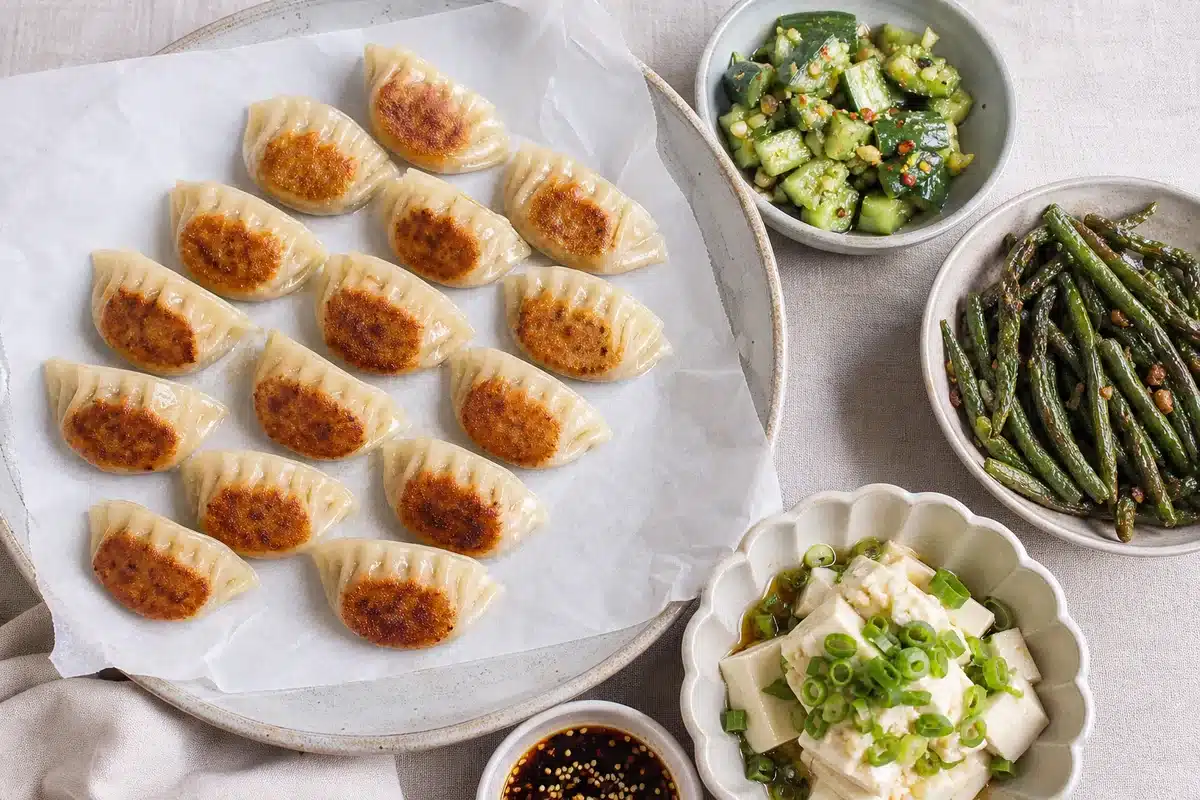 Pan-fried potstickers with separate cold and warm sides - party platter | EpicureDelight