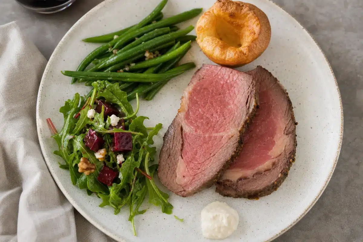 Balanced prime rib plate with starch, green beans, and fresh salad - prime rib menu balance | EpicureDelight