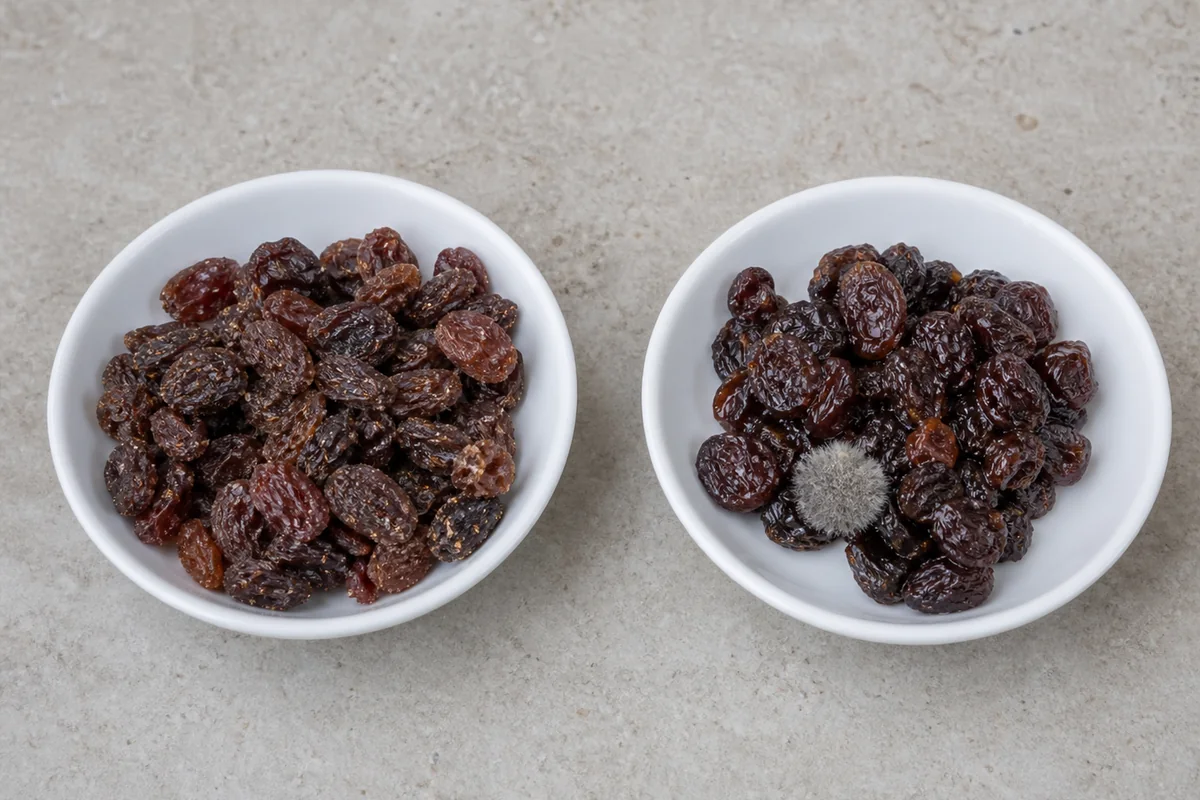 Dry sugared raisins compared with damp moldy raisins - raisin spoilage signs | EpicureDelight