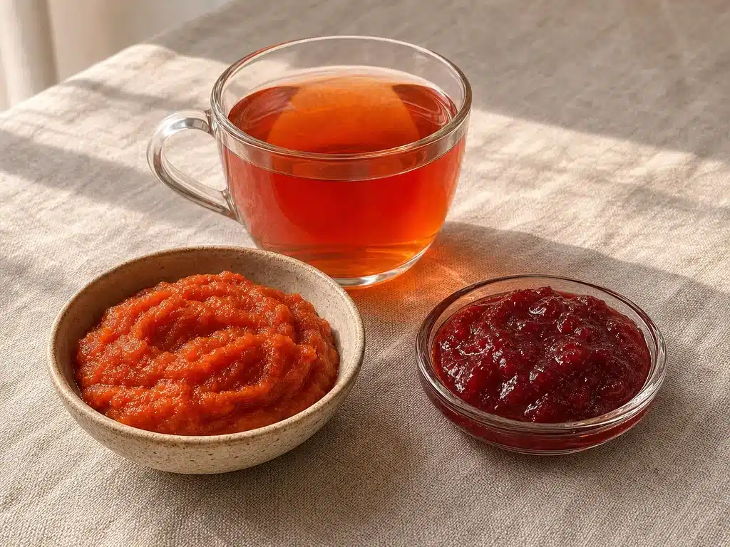 Rose hip tea, puree, and jam shown side by side | EpicureDelight